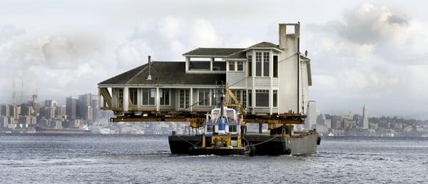 This home was moved by barge from Rockaway Beach Drive to Eagle Harbor on Bainbridge Island.