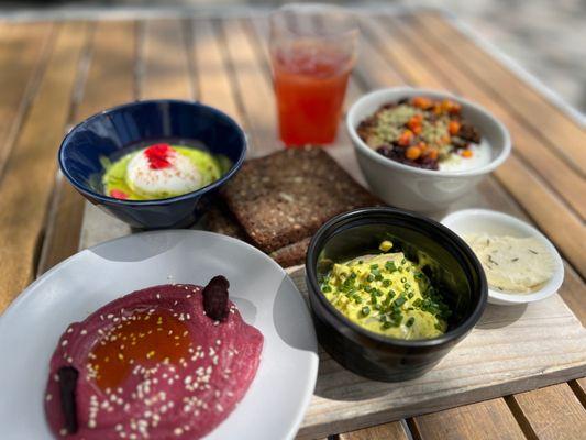 Byob: beet hummus, runny egg, pickled herring, yogurt and rye bread