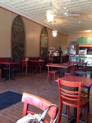 The inside. Lots of knights and stained glass art. Coffee stays with the theme.