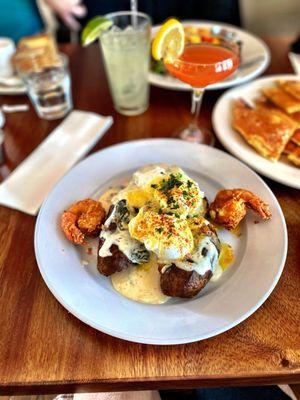 Eggs Florentine - poached eggs, creamed spinach, hollandaise, baked potatoes and fried shrimp