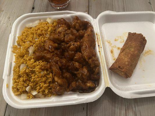 General Tso's Chicken with Fried Rice & a Spring Roll