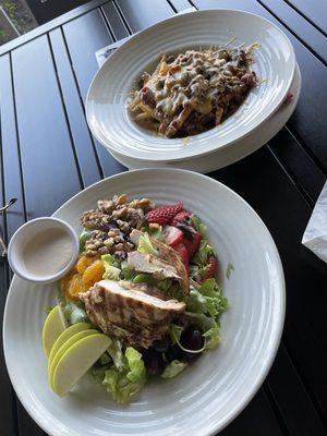 Chicken Waldorf salad and chili cheese fries