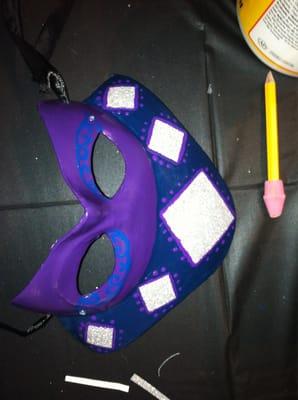 Emily's mask. The glitter squares didn't photograph well.