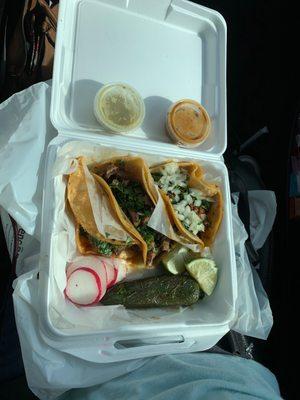 Carne Asada, Taco Barria, and a taco de chorizo.