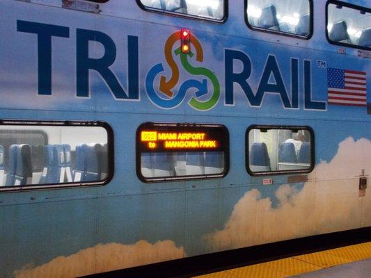 This is the return train (saying Miami Airport to Mangonia Park station) sitting at the end of the run at about 9 or 10 p.m.