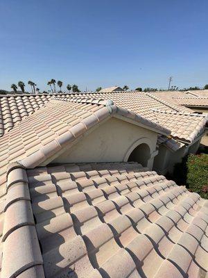 Completed Concrete tile reroof.
New Underlayment, Metal valley ,Flashings and mortar caps installed.