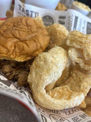 Big Mo (Pulled Pork sandwich) and pork rinds