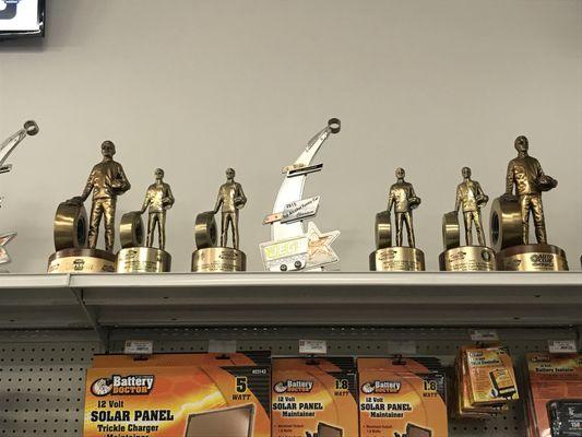 Some of John Lombardo's trophies from his NHRA Drag Racing career, powered by NAPA Auto Parts!