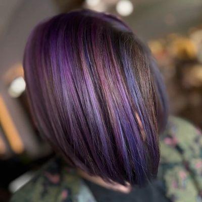 Witchy Purple Highlights on medium brown bob.