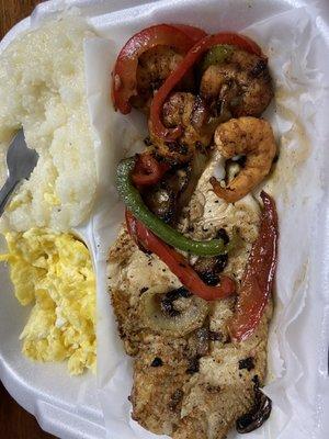 Grilled fish, sautéed Rubbery ASS SHRIMP, Grits, and eggs!