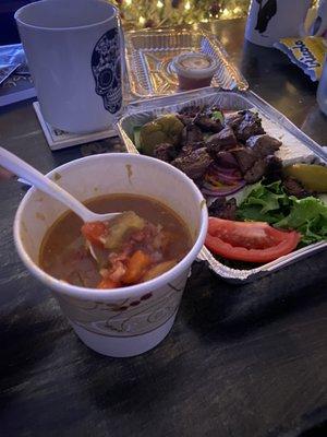 Claddah stew and a Greek Steak Tip Salad