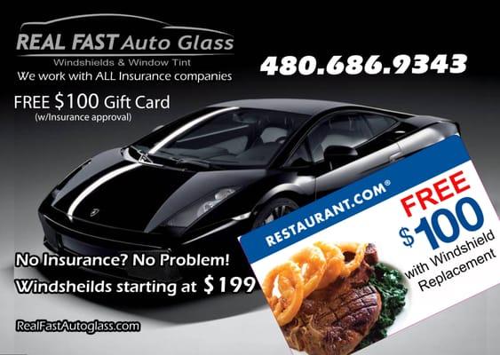 FREE $100 Gift Card with insurance auto glass replacement Arizona, phoenix, mesa, chandler, tempe, scottsdale, Queen, Gilbert