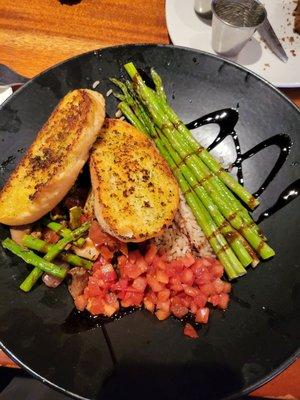 Vegetable bowl- "roasted" veggies, bruschetta, Texas toast, asparagus. Wish the asparagus wasn't over cooked, brown rice, balsamic reduction