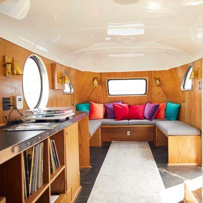 Interior of Snapchat's custom ice cream, espresso and record lounge trailer