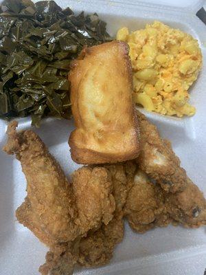 Garlic Parmesan wings, greens and macaroni and cheese