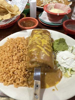 Chimichanga dinner with chili gravy