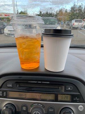 (Left) A special from Red Bull + Pineapple  + Orange I call it the "The Recharge" to get home. (Right) Triple Shot Espresso