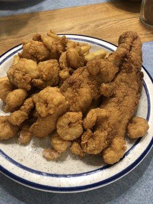 Fried flounder, fried shrimp, and fries