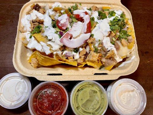 Chicken nachos with sauces