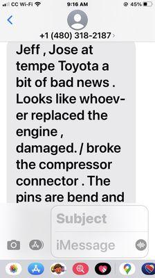 Tempe Toyota Tech Jose passes the bad news.