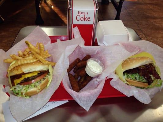 Jumbo Bacon Burger, Jumbo Chili Burger, fries and Zucchini