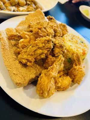 Fried 2 Fish, 6 Oyster Platter with fried shrimp and fried rice