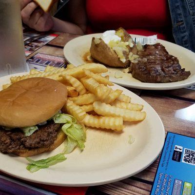 Burger, fries, steak, potato. August 29, 2018