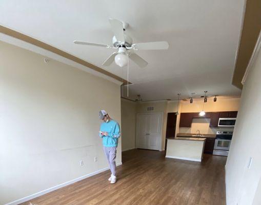 Cabinets were painted over, walls dirty, tiny living space