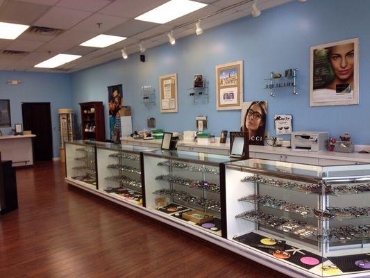 Eyewear display cases.. Your favorite new glasses are in there, can you see them? Stop in and let our professionals help make them perfect!