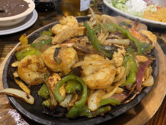 Fajitas tejana, chicken steak and shrimp, so delicious!