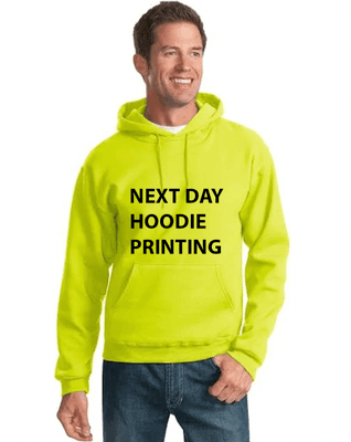 Next Day Hoodie Printing. Various colors and sizes.