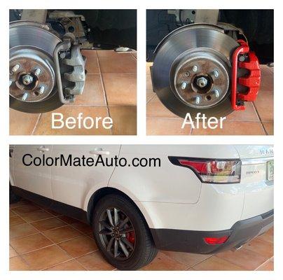 Range Rover red caliper enhancement. .  #mobilebodyshop #bodyshop #carpaintrepair #carpainting #wheelrepair