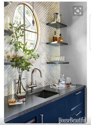 Cobalt blue masculine yet elegant cabinetry with gold accents! Absolutely stunning!