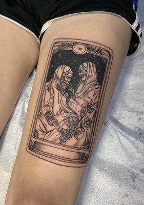 Skeleton Tarot card thigh tattoo by Scott McClanahan