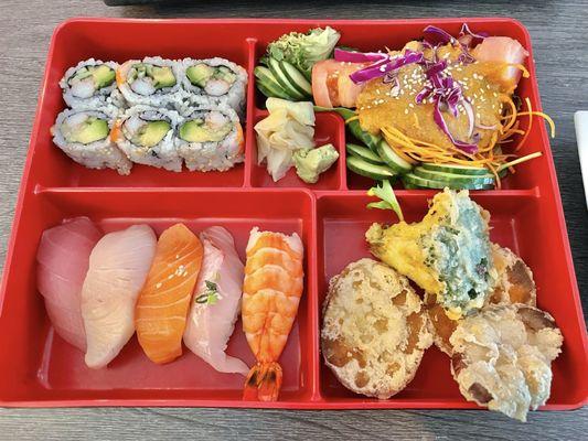 Chef's Sushi Lunch Special: 5 pc nigiri, California roll, tempura, salad, and miso soup (not shown)