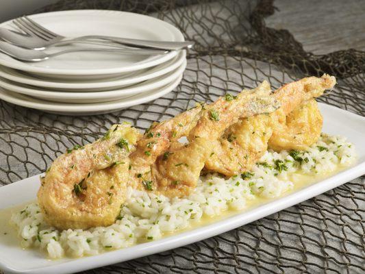 Gamberini Francese | crab meat stuffed jumbo shrimp in light egg batter w/ lemon risotto