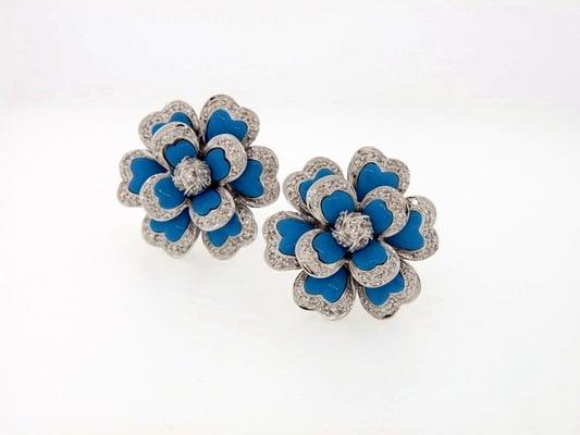 Modern Turquoise and Diamond Flower Earrings