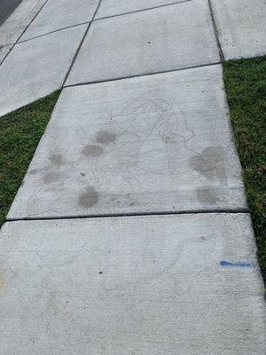 Oil spots and weird swirl marks their machinery left on our side walk and walk way up to the house