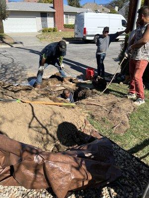 Digging in front yard to get to damaged pipes.