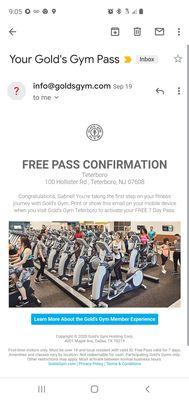 Free guest pass confirmation