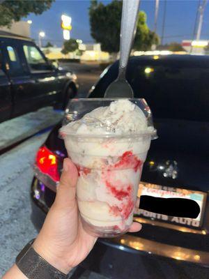 Double Scoop Cup. Strawberry cheesecake on bottom and cookies and cream on top