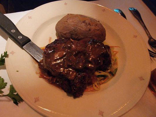 Filet Mignon, vegetable medley, & baked potatoe.