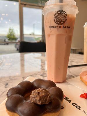 Strawberry Milk Tea and forrero rocher mochi donut