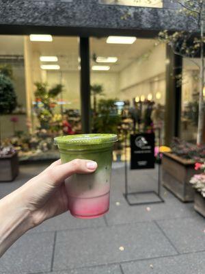 Iced berry matcha latte with oat milk + the storefront