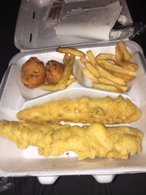 Two piece fish and fries (also two hush puppies that come with it)