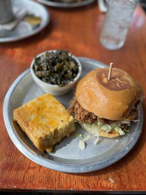 Original Classic Chicken Sandwich, Ashe Co Pimento Mac n Cheese Custard, Braised Collard Greens