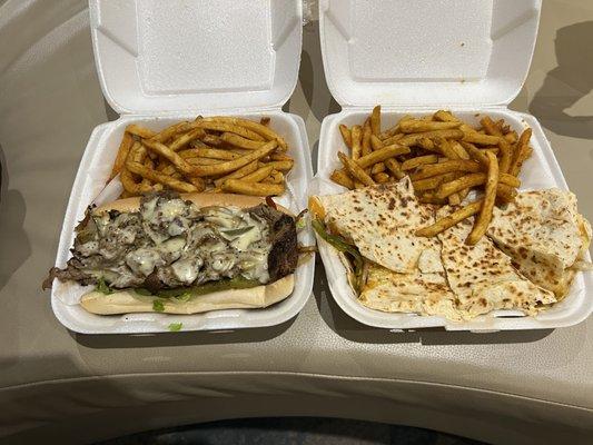 Philly cheesesteak & Chicken Quesadilla portions are huge. Fries were seasoned perfectly! Highly rec!