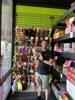 Jeff holding my Yorkie who never let a groomer cut his nails before James at Furrballz.