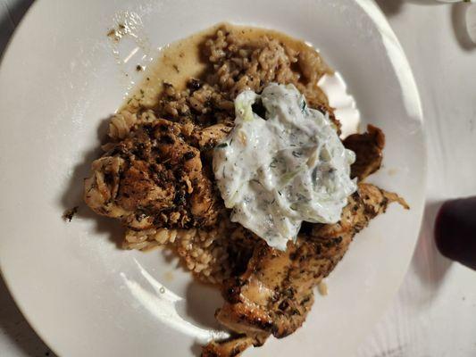 Finished dish- chicken, rice, tzakziki sauce