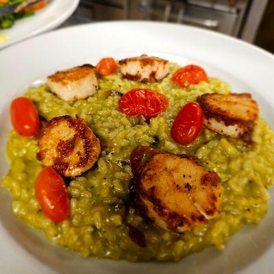 Seared Sea Scallops, roasted tomato and mushroom pesto risotto